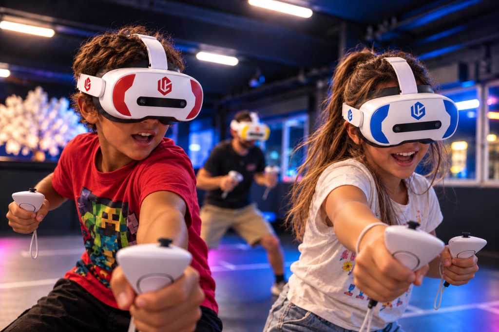 Joueurs équipés de casques VR sans fil dans la zone VR Arena